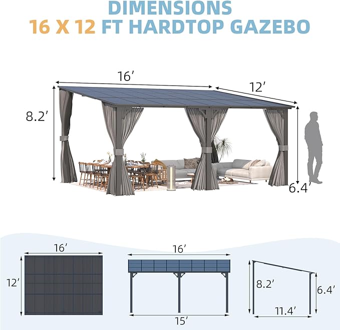 AECOJOY 16' x 12' Gazebo Outdoor Pergola with Curtains and Netting for Patio, Large Wall-Mounted Hardtop Lean to Metal Gazebo Shelter, Pergolas and Gazebos Clearance with Patio Roof Awnings for Decks