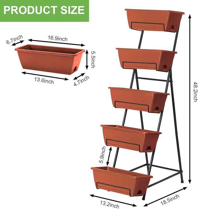 5 Tier Vertical Raised Garden Bed Planter Box, Vertical Raised Bed with Drainage Holes for Indoor Outdoor Herbs Flowers Vegetables Plants, Red