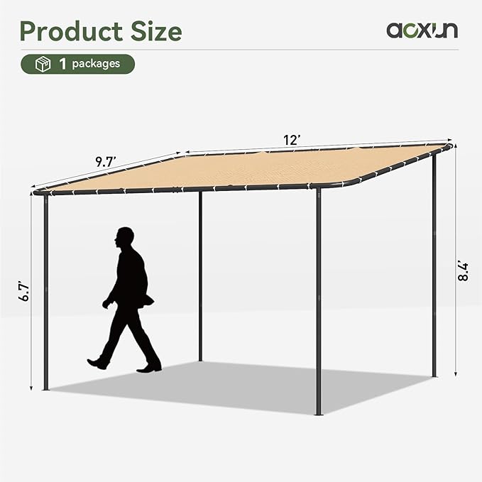 Aoxun 10x12 Lean to Gazebo Outdoor Pergola with Water Resistant & UV-Resistant, Wall-Mounted Canopy Sloped Roof Awning for Patio Backyard, Deck, or Garden Khaki