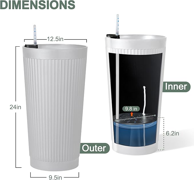 24” Tall Outdoor Planters Set of 2, Self Watering Flower Pots White Planters for Outdoor Plants, Modern Plastic Tall Planter for Front Porch, with Drainage Hole (Ribbed)