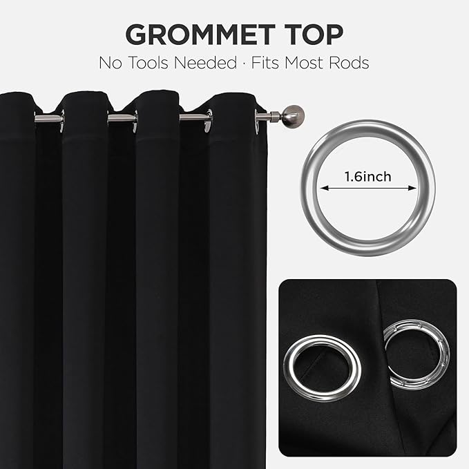 Joydeco Blackout Patio Sliding Door Curtains 90 Inches Long, Grommet Privacy Room Divider Curtains, Extra Wide Thermal Blackout Drapes for Bedroom Living Room (Black, 60Wx90L, 1 Panel)