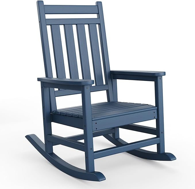 HDPE Rocking Chair Outdoor- Poly High Back Porch Rocker Chairs for Adults - All Weather Resistant Furniture for Patio Front Porch - Navy Blue