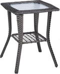 VINGLI Outdoor Side Table with Storage Wicker Patio Side Table, Tempered Glass Top End Table for Balcony Porch Deck (Grey)