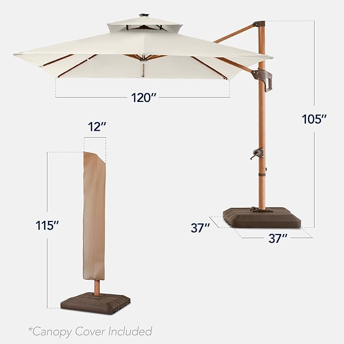 Best Choice Products 10ft Square Cantilever Patio Umbrella w/Base Included, Woodgrain Pattern Pole & Solar LED Lights, 360-Rotation, Offset Hanging Outdoor Shade - Ivory