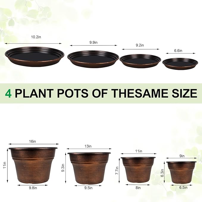 Plant Planters Pots Set of 4 Pack 13 Inch，Large Plastic Flower Pot For Indoor Plants With Drainage Holes & Trays, Resin Decorative Container Sets With Saucer For House Outdoor Garden Plant Copper