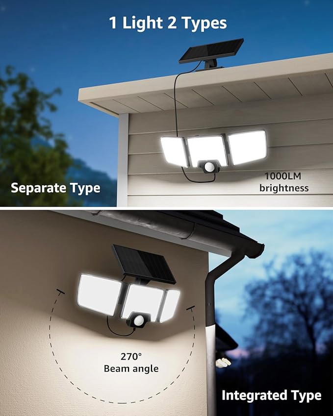 Lepro Solar Security Lights Outdoor Motion Sensor, 2 in 1 Separated and Integrated Remote Control IP65 Waterproof Solar Lights with 2 Light Modes, 3 Heads Floodlight for Garden Yard Garage