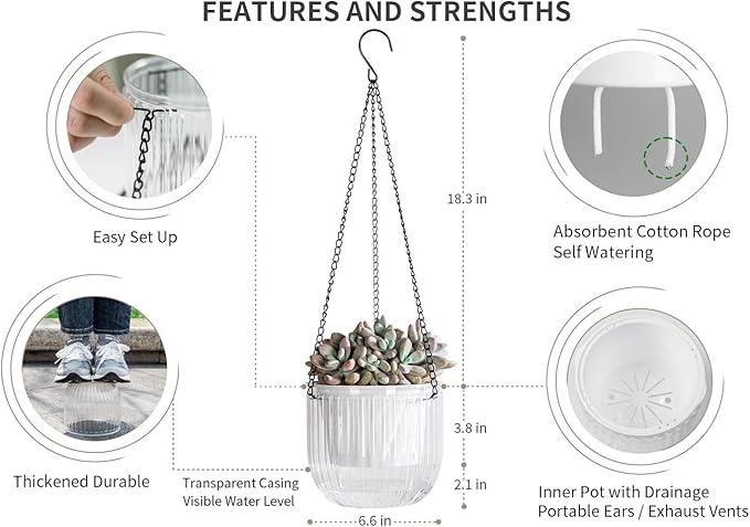 Josteve 6.5 Inch 2 Pcs Self Watering Hanging Planter Indoor Plant Pots Drainage Holes, Outdoor Hanging Planters Flower Pot Basket, Visible Water Level, Plant Hanger Home Decor, Gardening