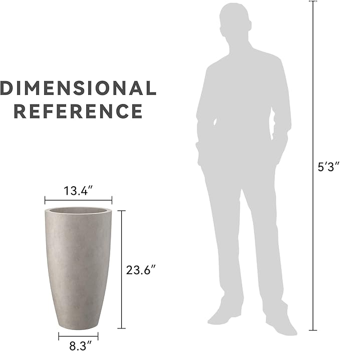 Kante 23.6" H Weathered Concrete Tall Planters (Set of 2), Large Outdoor Indoor Decorative Plant Pots with Drainage Hole and Rubber Plug, Modern Style for Home and Garden