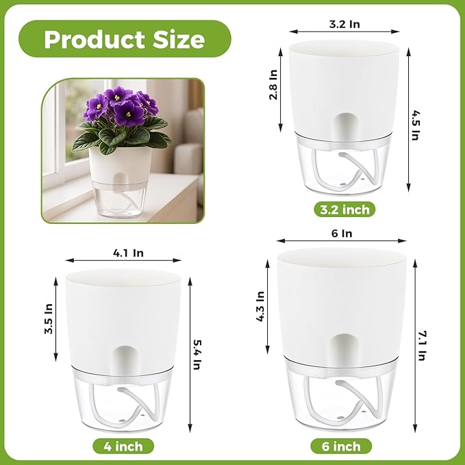 Planterhoma 8 Pack Self Watering Pots for Indoor Plants, 4 Inch Plant Pot Plastic Self Watering Planter for Orchid, African Violet, Small Clear Flower Pots with Drainage Holes and Wicking Rope, White