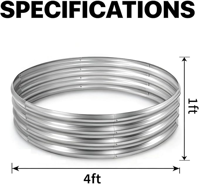 Round Galvanized Raised Garden Bed Kit, Round Galvanized Planter for Vegetables/Herbs/Flowers Heavy-Duty Steel Outdoor Water Trough (Silver, 4X4X1FT)