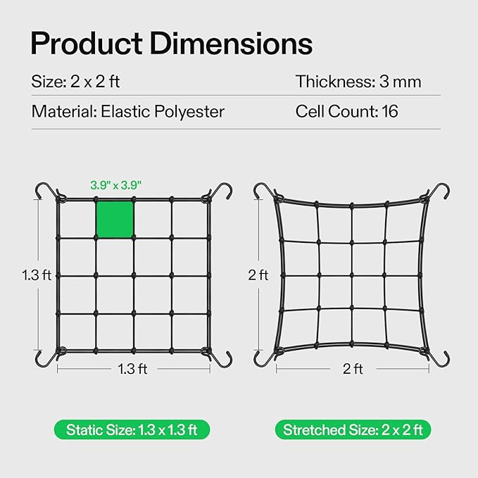 VIVOSUN 2 x 2Ft. Elastic Trellis Netting with 4 Hooks for Climbing Plants, Vegetables, Fruits, and Flowers, 1-Pack