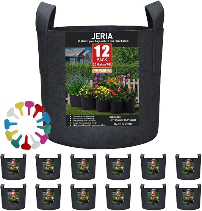 JERIA 12-Pack 20 Gallon Grow Bags, 300G Thickened Nonwoven Garden Pots,Heavy Duty Fabric Pots with Reinforced Handles