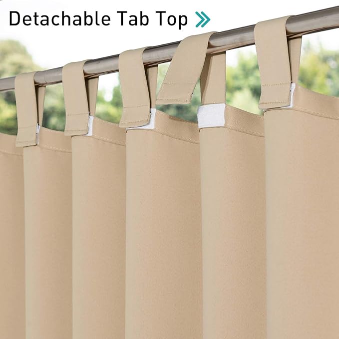 NICETOWN 2 Pieces Outdoor Curtainss Waterproof for Patio Clearance, Room Darkening Sticky Tab Top Thick Light Block Thermal Insulated Outdoor Drapes for Front Porch, Biscotti Beige, W52 by L95