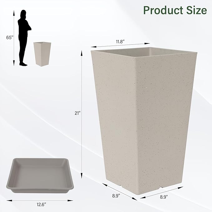 Set of 2 Tall Planter, 21 inch Large Plastic Planter with Drain Hole & Saucers, Large Outdoor Planters for Porch, Garden, Patio, Balcony(Light Gray)
