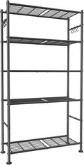 Storage Shelves - 5-Tier Large Capacity Shelf Organizer with Hooks, Heavy-Duty Garage Shelving with Leveling Feet, Wobble-Free Rack for Bedroom, Balcony, Garage, 32.1"×12.4"×71.4", Black