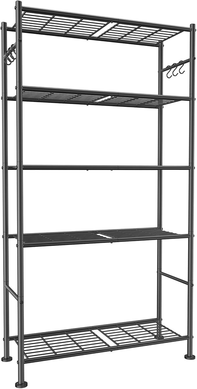 Storage Shelves - 5-Tier Large Capacity Shelf Organizer with Hooks, Heavy-Duty Garage Shelving with Leveling Feet, Wobble-Free Rack for Bedroom, Balcony, Garage, 32.1"×12.4"×71.4", Black