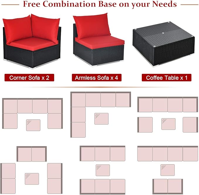 Tangkula 7 Piece Patio Furniture Set, Outdoor Sectional Sofa w/Pillows and Cushions, Wicker Sofa Conversation Set with Coffee Table, Patio Sofa and Tea Table Set for Garden, Lawn (Red)