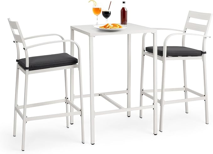 VINGLI 3-Piece Outdoor Bar Set, Aluminum Bar Height Table & 2 Chairs with Cushions, Counter Height Patio Furniture for Backyard, Poolside, Garden, Bistro, Indoor Outdoor Use (White)