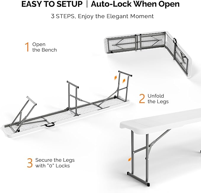 VINGLI 6 feet Plastic Folding Bench,Portable in/Outdoor Picnic Party Camping Dining Seat, Garden Soccer Multipurpose Entertaining Activities, Smooth HDPE Tabletop, 1 Pack, White