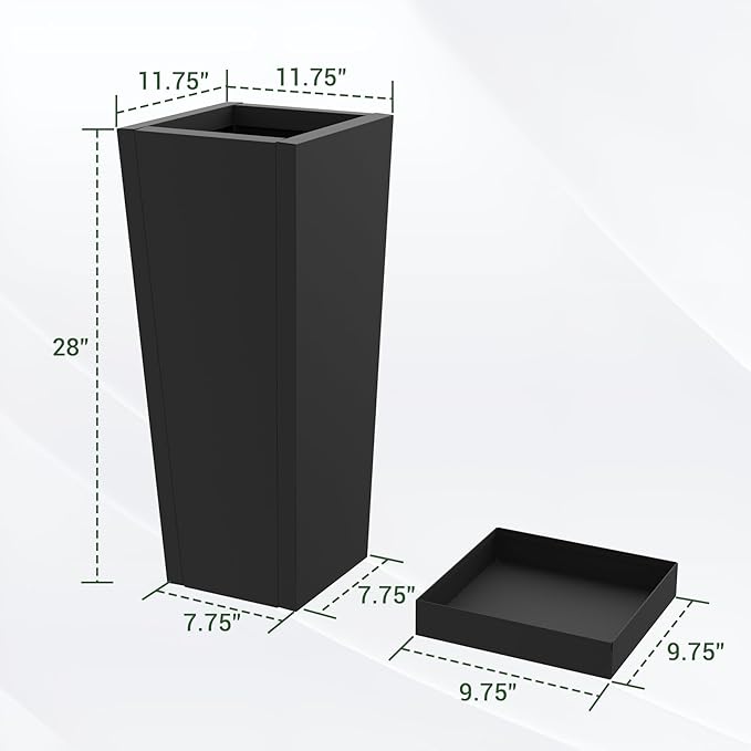 Tall Planters 28" H - 2 Pack, Tapered Pots with Drainage Insert Shelve & Trays, Metal Outdoor Planter Box for Porch, Garden, Patio, Yard (Black)