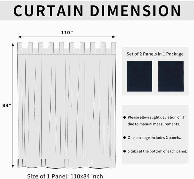 Easy-Going Outdoor Patio Curtains Detachable Tab Top Windproof Weatherproof Curtain for Cabana, Porch, Pergola and Gazebo, Tab Bottom Drape, 2 Panels, 110W x 84L inch, Navy