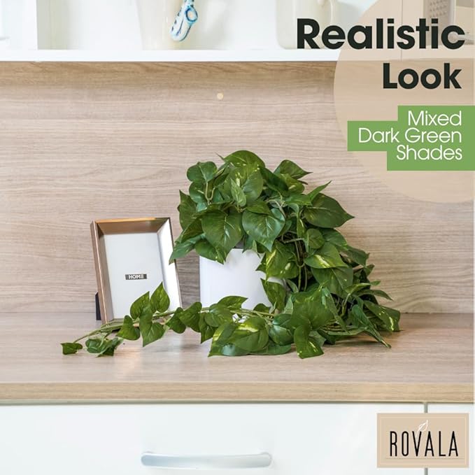 MY ROVALA Silk Plants for Home Decor Indoor in Pot Realistic Artificial Plants Hanging Faux Plants Indoor Fake Potted Plants for Shelves Bedroom Bathroom Trailing Plant, Fake Pothos Ivy (Dark Green)