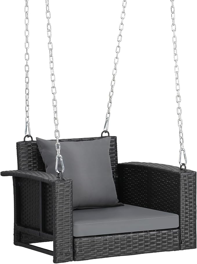 Outvita Porch Swing, 2FT Hanging Outdoor Porch Swings for Adults, Square Wicker 1 Person Patio Swing, with Pillow, Cushion and Chain for Garden, Backyard, Weight Capacity - 440lbs Black & Grey