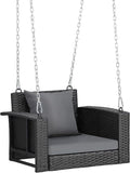 Outvita Porch Swing, 2FT Hanging Outdoor Porch Swings for Adults, Square Wicker 1 Person Patio Swing, with Pillow, Cushion and Chain for Garden, Backyard, Weight Capacity - 440lbs Black & Grey