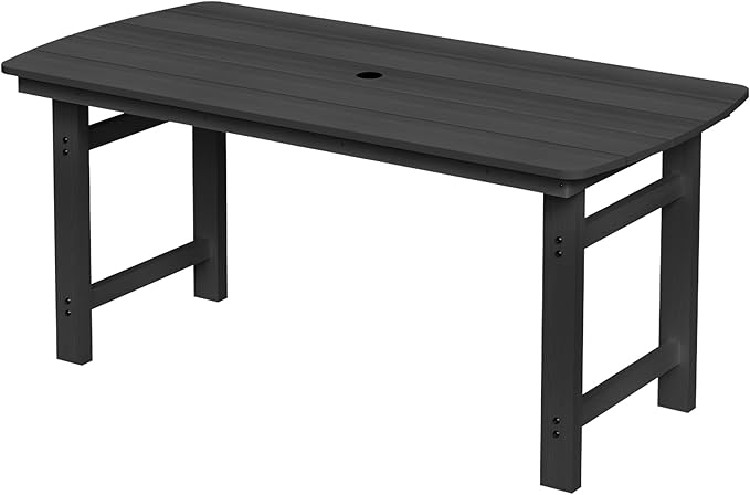 Outdoor Rectangle Dining Table, Heavy-Duty HDPE Table for 6, Weatherproof Patio Table with Umbrella Hole, Rounded Corners for Safety, Black