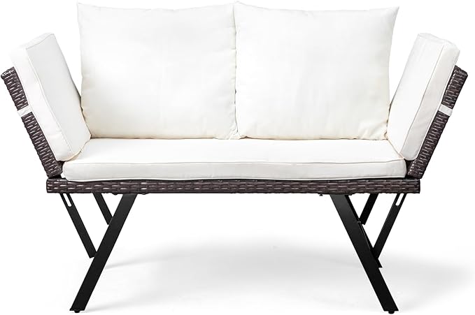Outvita Outdoor Convertible Couch Sofa Bed, Woven Rattan Patio Furniture Daybed w/Adjustable Armrests, Removable Cushions and Pillows for Porch Pool Balcony