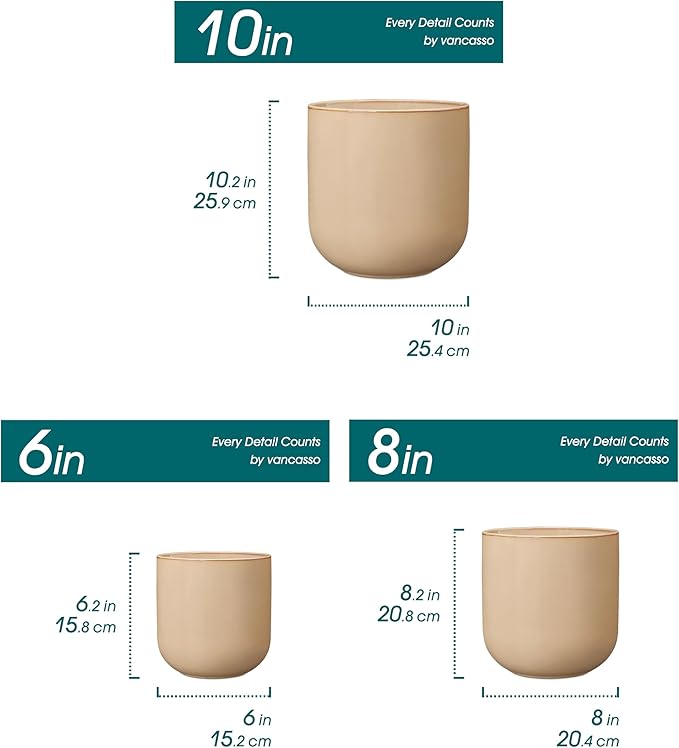 vancasso 6+8+10 inches Ceramic Plant Pots, Set of 3, Planters with Drainage Hole, Flower Pots Planters Pots for Indoor Plants, Modern Indoor Decorative Garden Pot, Home Decor, Brown