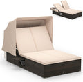 RELAX4LIFE Outdoor Daybed with Retractable Canopy - Wicker Double Chaise Lounge w/6-Position Backrest, 2 Folding Side Trays & Cushions, 2-Seater Loveseat Sunbed for Backyard, Rattan Patio Bed Lounger