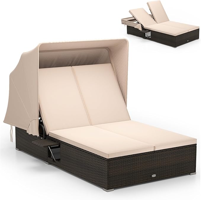 RELAX4LIFE Outdoor Daybed with Retractable Canopy - Wicker Double Chaise Lounge w/6-Position Backrest, 2 Folding Side Trays & Cushions, 2-Seater Loveseat Sunbed for Backyard, Rattan Patio Bed Lounger