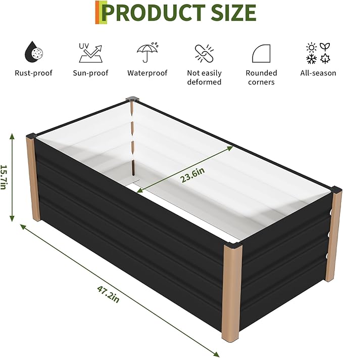 Garvee Aluminum Raised Garden Bed 4' x 2' x 16", Open-Bottom Deep Design with Rounded Safety Corners & Anti-Cut Trim, Large Outdoor Planter Box Kit, Gray