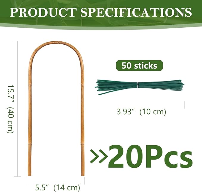 Bamboo Trellis, 20 Pack U-Hoop & U-Shape Garden Trellis with Twist Ties, 16" for Indoor & Outdoor Plants