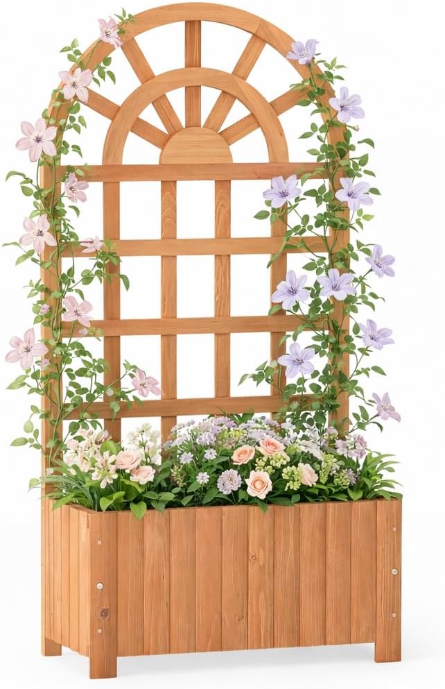 Giantex Wooden Raised Garden Bed with Arched Trellis Set 2, 48” Fir Wood Outdoor Elevated Planter Box Privacy Screen w/Drainage Hole, Vertical Garden Bed for Climbing Plants, Patio Balcony Backyard