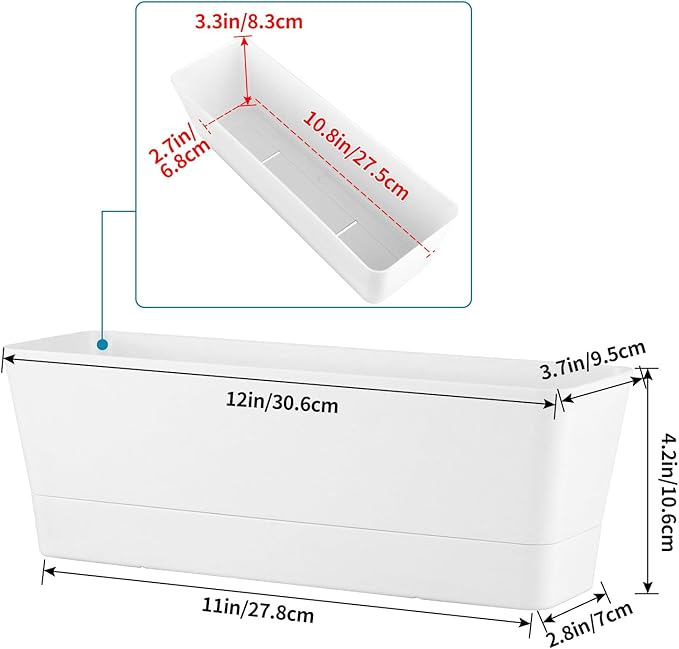 Window Box Planter with Tray, 12" Rectangle Plant Pot, Pack of 3 (White)