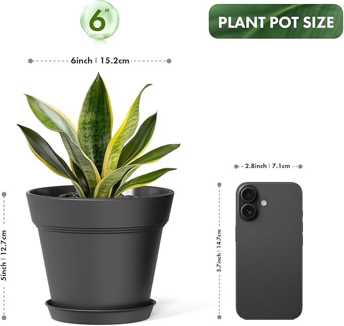 6 Inch Thick Plastic Plant Pots with Drainage Holes and Trays – 6 Pack Nursery Pots for Indoor & Outdoor House Plants, Seedling Starter Planters for Garden Flowers, Matte Black