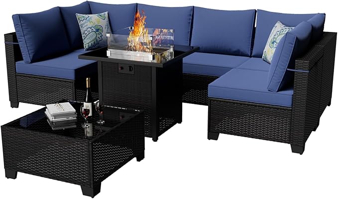8-Piece Patio Furniture Set with 50,000 BTU Fire Pit Table - Wicker Outdoor Sectional Sofa Set for Backyard Deck Garden (Brown/Blue)