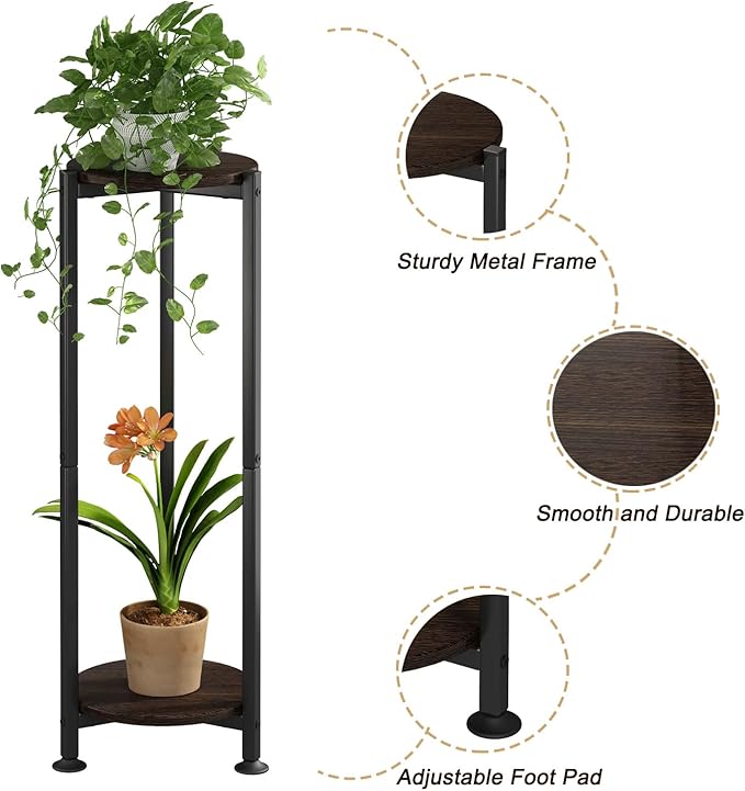 Plant Stand Indoor Outdoor 2 Tier Tall Metal Corner Storage Tiered Plant Shelf Holder Multiple for Living Room Balcony Garden,Black (2 Tier-Black Oak Round)