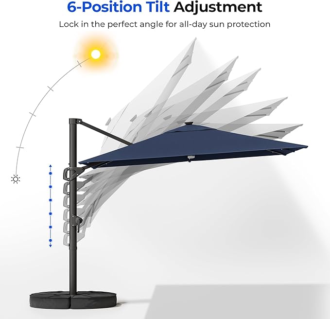 HOMSHADE 10 ft Square Cantilever Patio Umbrella with Base Included, Solar Lights Large Umbrella Outdoor Patio with 360°Rotation&Tilting, LED Lighted Offset Umbrellas w/Stand for Pool Deck