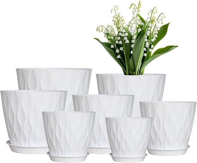 Flower Pots, 7/6.5/6/5.5/5/4.5/4 inch Plastic Plant Pots, 7 Pack Planter for Indoor Outdoor Plants, Nursery Planting Pot with Drainage Holes and Trays (White)