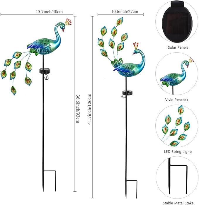 DREAMSOUL Peacock Solar Lights Outdoor 2 Pack, Waterproof Outdoor Solar Lights for Yard Pathway Peacock Garden Decor