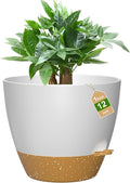 12 Inch Large Self Watering Pots, Flower Pots with Multi-Mesh Drainage Holes and Saucer, Planters for Indoor and Outdoor Garden Plants (White with Brown)