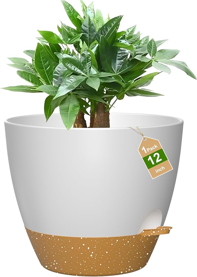 12 Inch Large Self Watering Pots, Flower Pots with Multi-Mesh Drainage Holes and Saucer, Planters for Indoor and Outdoor Garden Plants (White with Brown)
