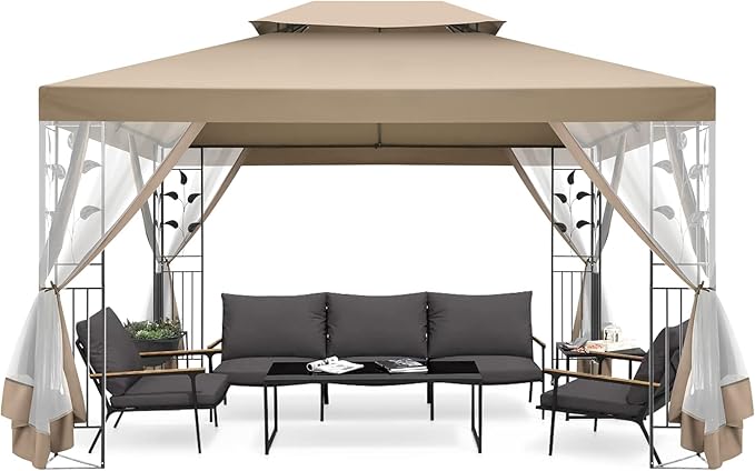 COBIZI Gazebo 10x13 Heavy Duty Gazebos with Improved Nettings Outdoor Gazebo Double Roof Patio Gazebos with Metal Steel Frame Outdoor Canopy for Patio, Deck, Backyard (Khaki)