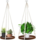 E-Know Macrame Plant Hanger - 2 Set Indoor Hanging Planter Shelf - Hanging Planter Rack Decorative Flower Pot Holder - Handmade Cotton Plant Hangers with Wood Tray Boho Home Decor