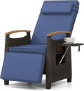 RELAX4LIFE Rattan Outdoor Recliner Chair - Wicker Chaise Lounge Chair w/Adjustable Back & Footrest, Acacia Wood Armrests, Flip Side Table, Cushion, Reclining Patio Chair for Pool Yard (1, Navy)