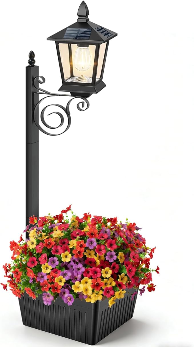 2 in 1 Outdoor Flower Pots, 35” Solar Lamp Post Light with Planter, Metal Pole & IP65 Waterproof, Freestanding Outdoor Planters, Decorative Solar Lamp for Outside, Front Door, Yard, 1-Pack