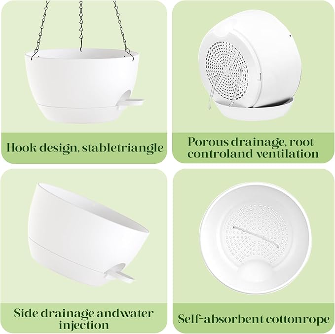 2 Pack 10 Inch Self Watering Hanging Planters for Indoor Plants, Large White Plastic Hanging Pots with Chains for Outdoor Patio Garden Home Decor (White)
